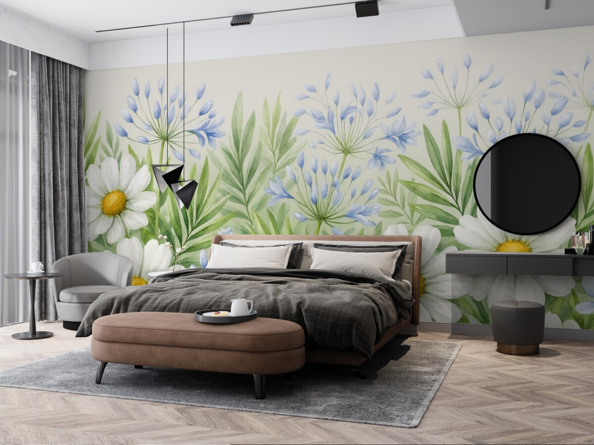 Fototapeta stokrotki, dzikie kwiaty, liście, błękitne kwiaty, aranżacja kwiatowa