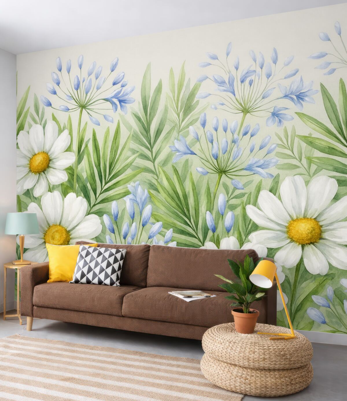 Fototapeta stokrotki, dzikie kwiaty, liście, błękitne kwiaty, aranżacja kwiatowa