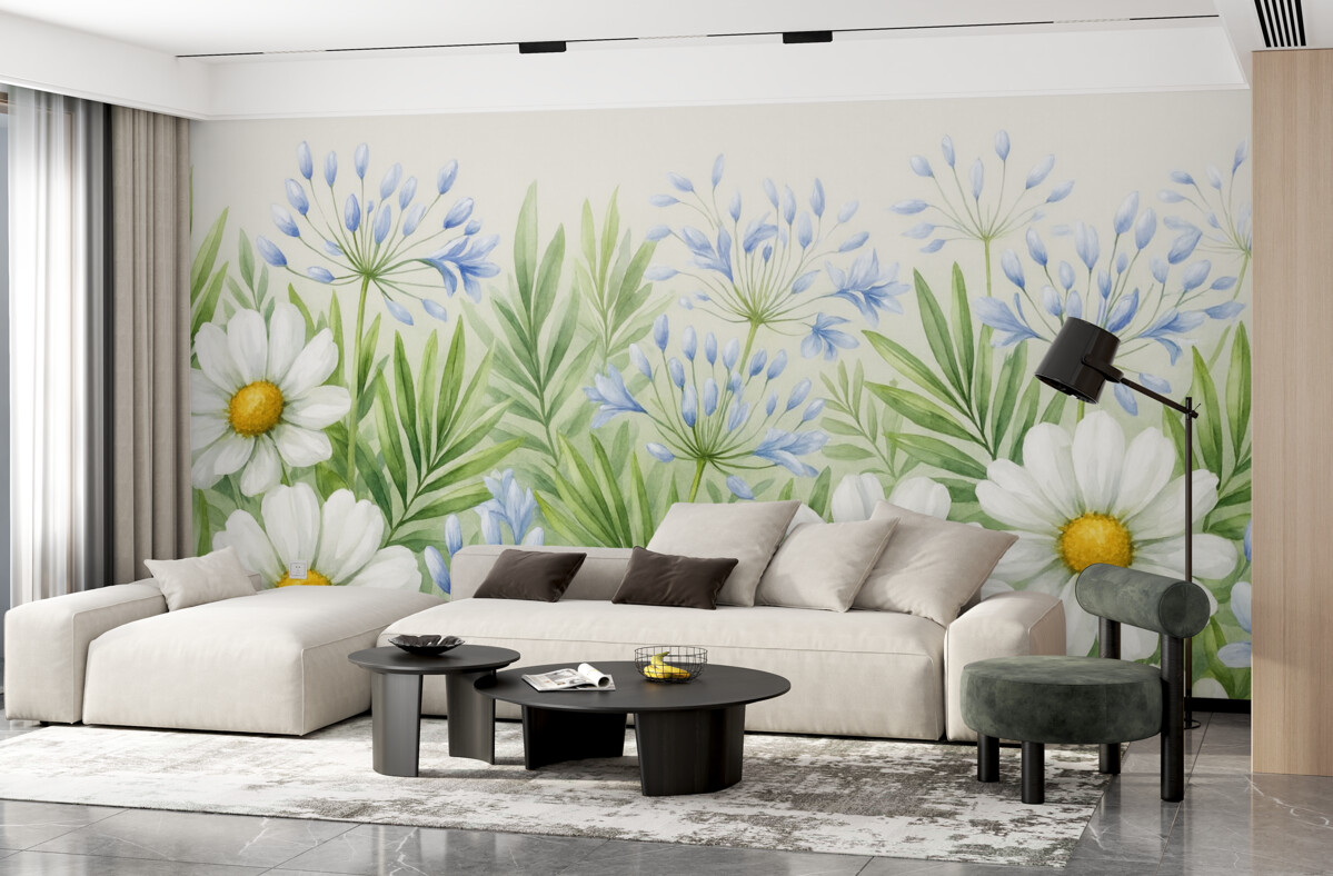 Fototapeta stokrotki, dzikie kwiaty, liście, błękitne kwiaty, aranżacja kwiatowa