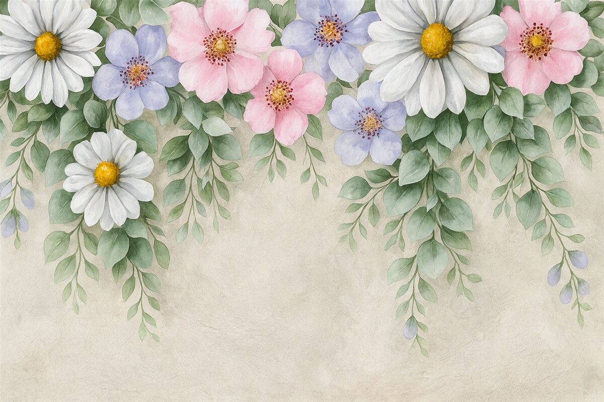 Fototapeta kwiaty i zielone części roślin, stokrotki, różowe rośliny, kwiaty widziane z góry