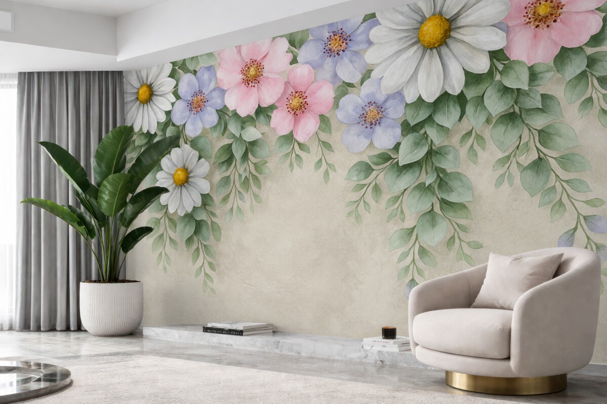 Fototapeta kwiaty i zielone części roślin, stokrotki, różowe rośliny, kwiaty widziane z góry