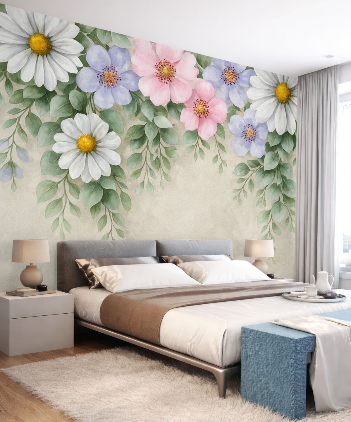 Fototapeta kwiaty i zielone części roślin, stokrotki, różowe rośliny, kwiaty widziane z góry