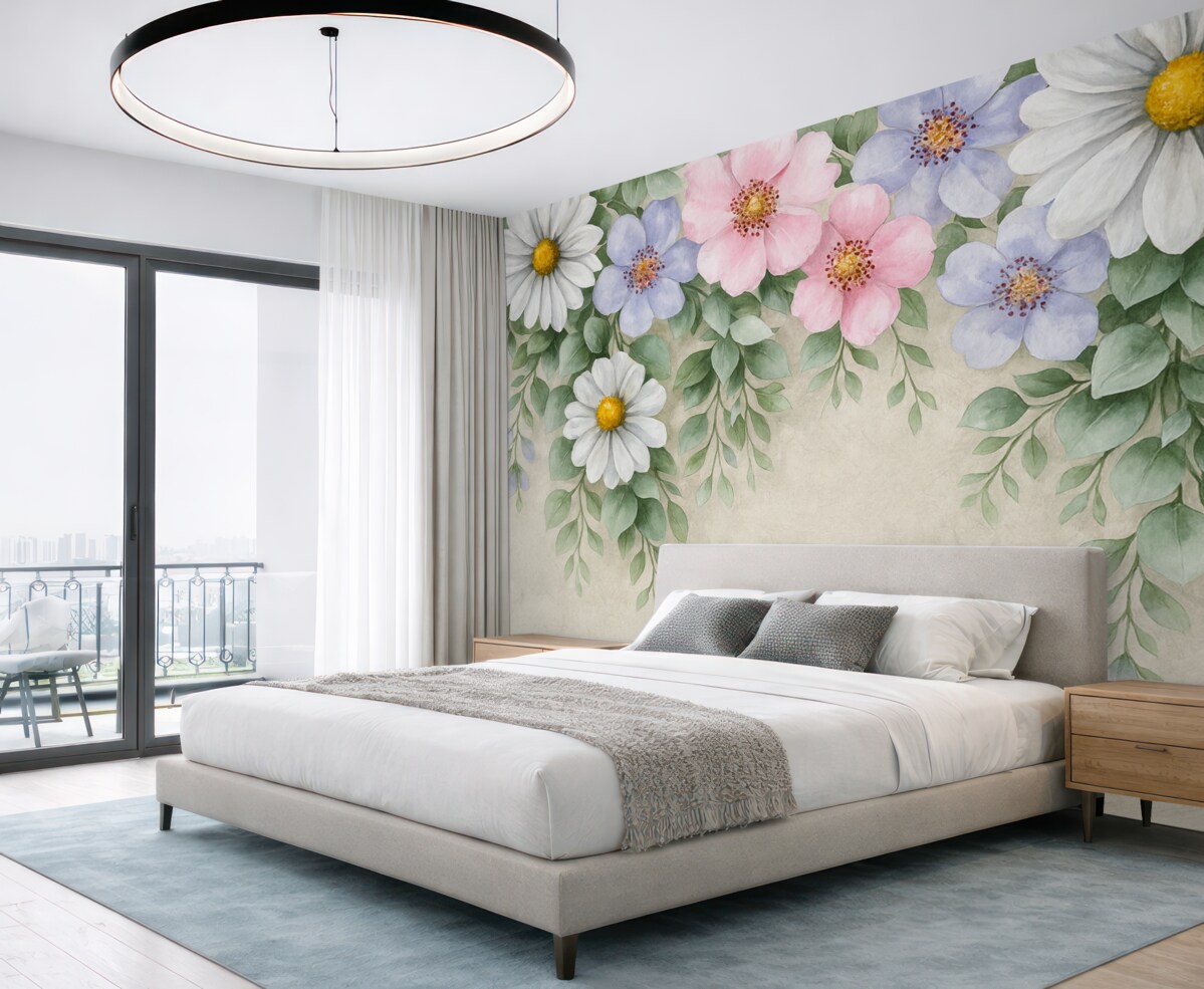 Fototapeta kwiaty i zielone części roślin, stokrotki, różowe rośliny, kwiaty widziane z góry