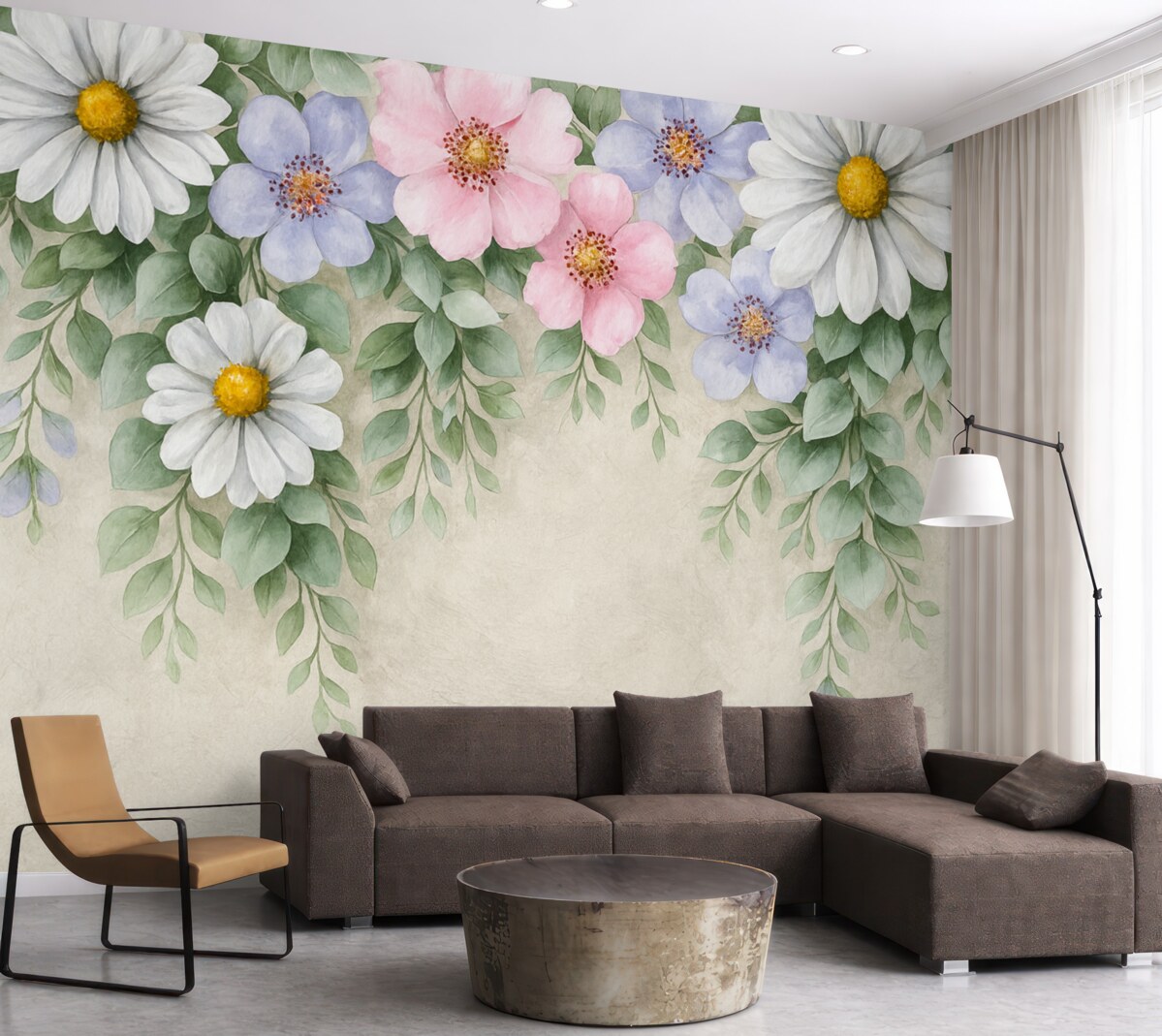 Fototapeta kwiaty i zielone części roślin, stokrotki, różowe rośliny, kwiaty widziane z góry