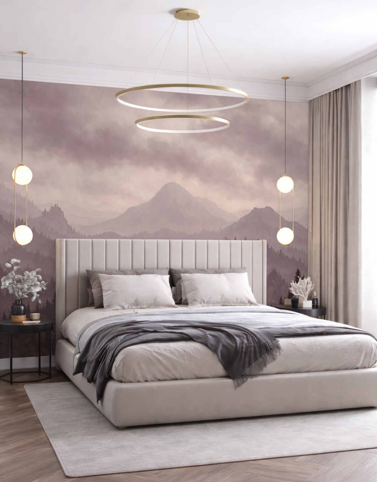 Fototapeta Mgliste szczyty z puszystymi różowymi chmurami na niebie.