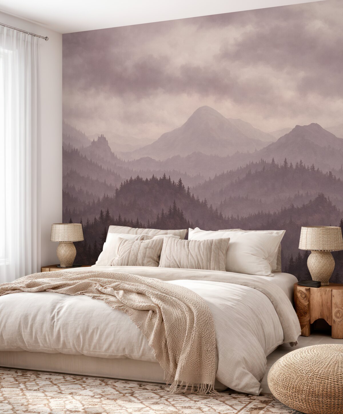 Fototapeta Mgliste szczyty z puszystymi różowymi chmurami na niebie.