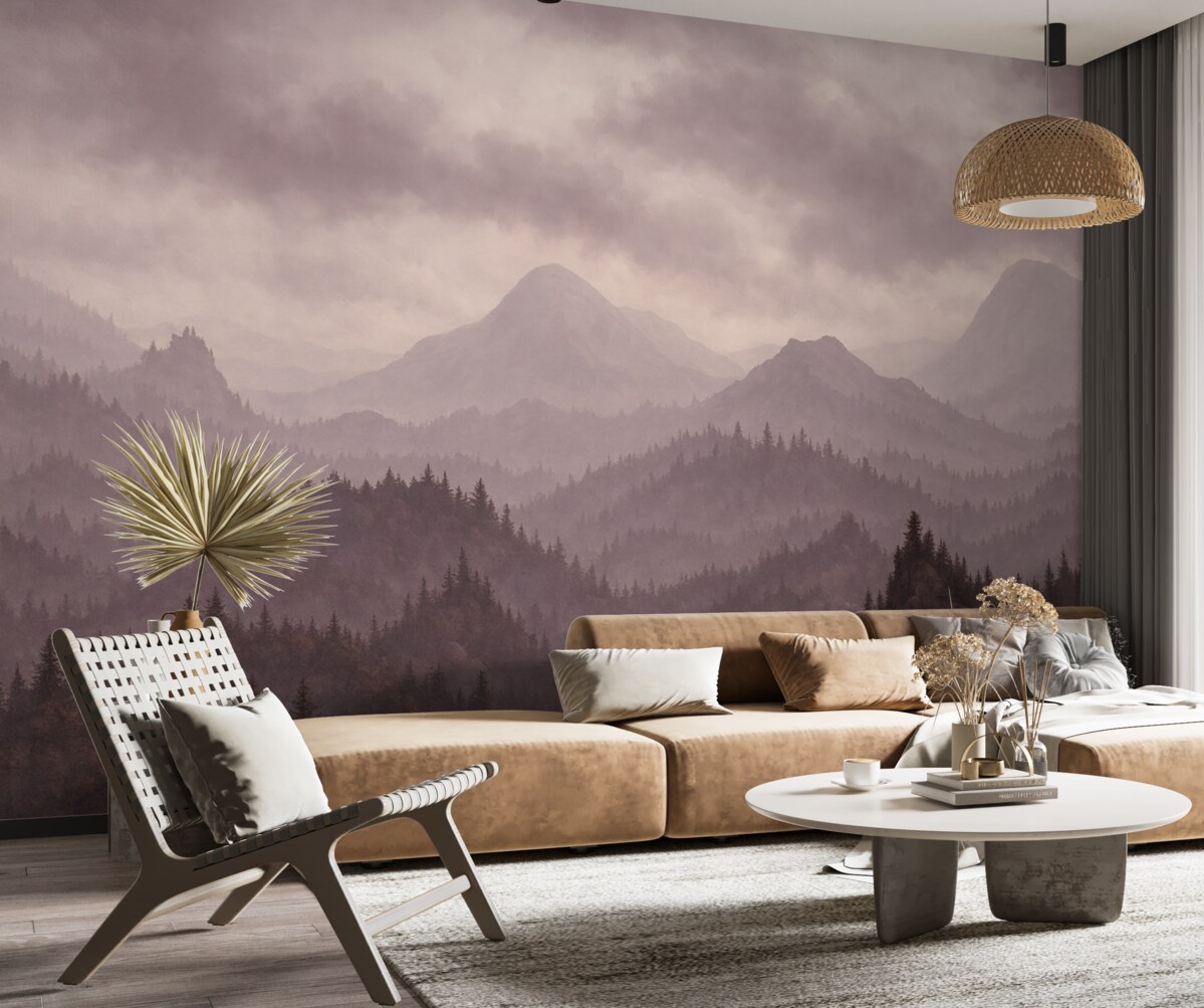 Fototapeta Mgliste szczyty z puszystymi różowymi chmurami na niebie.