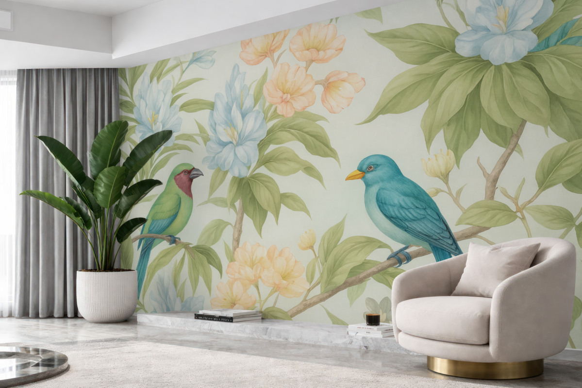 Fototapeta Tropikalne ptaki na konarach kwitnących drzew.