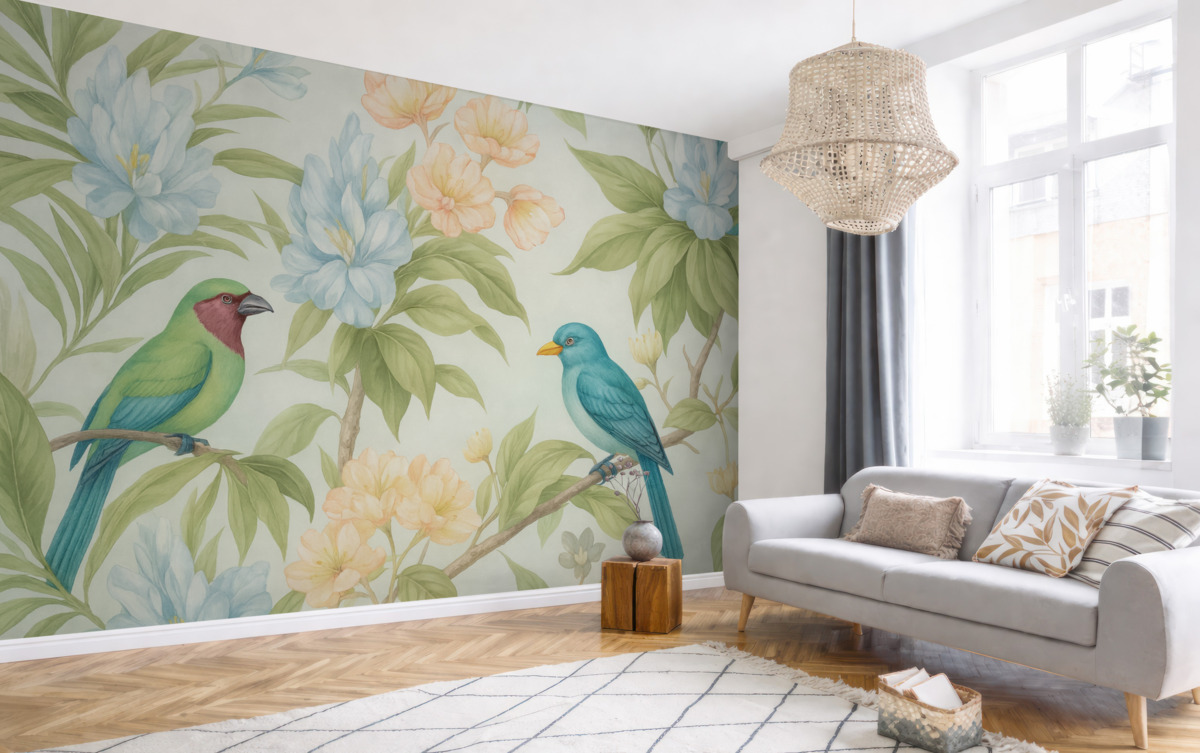 Fototapeta Tropikalne ptaki na konarach kwitnących drzew.