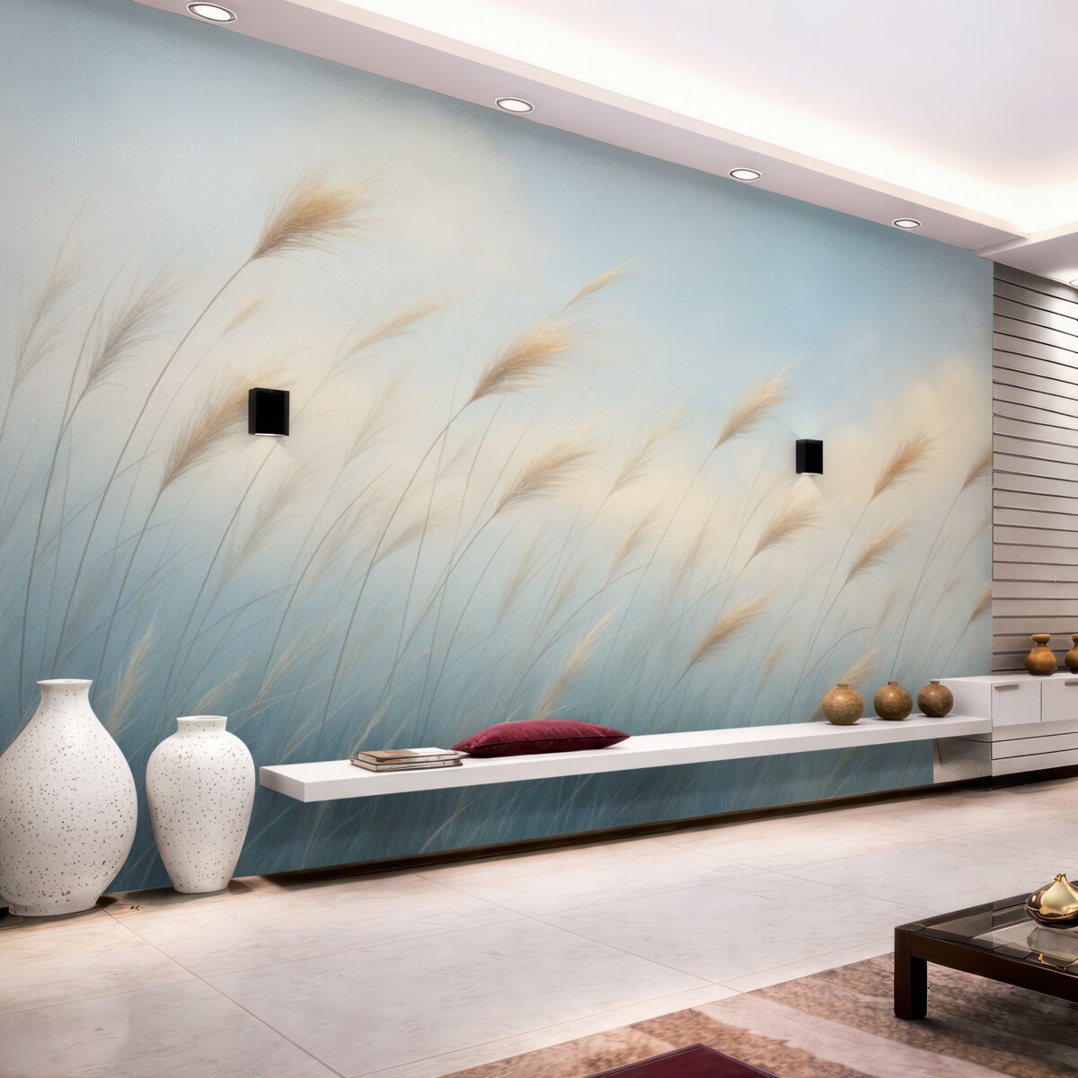 Fototapeta Subtelne trawy łąkowe na błękitnym tle.