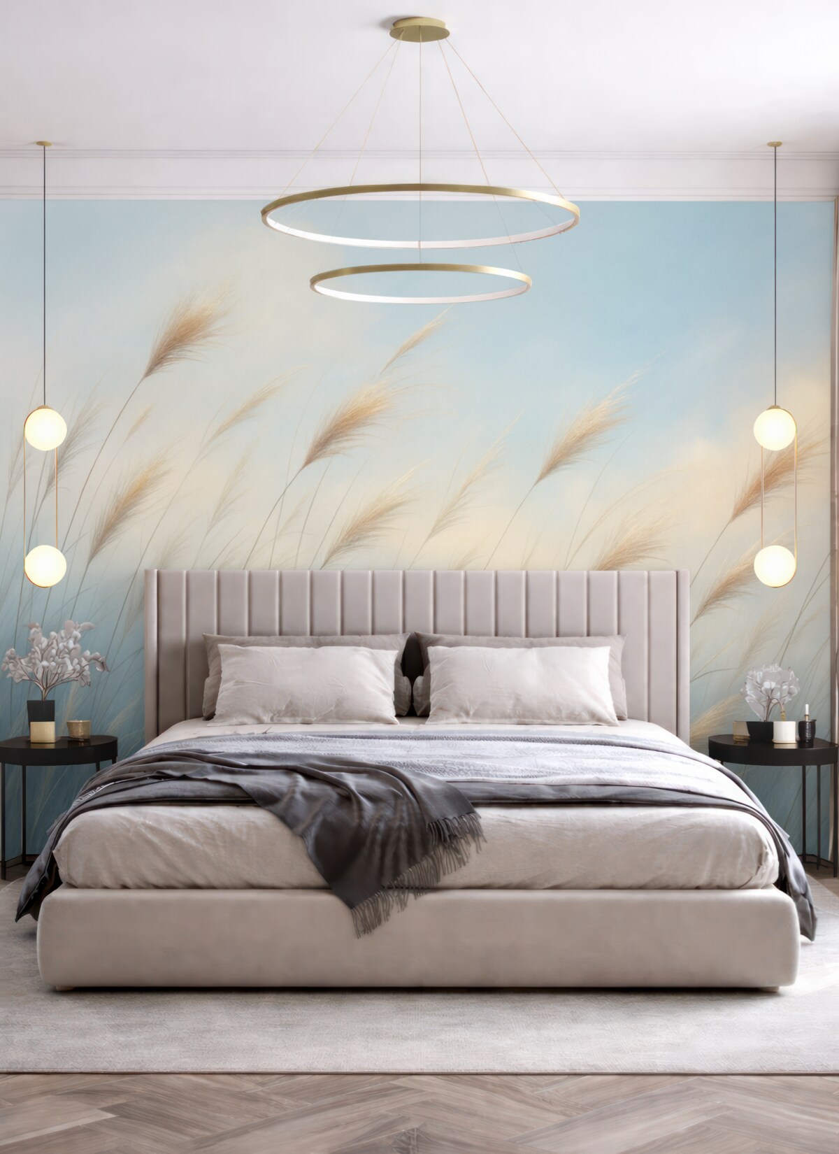 Fototapeta Subtelne trawy łąkowe na błękitnym tle.