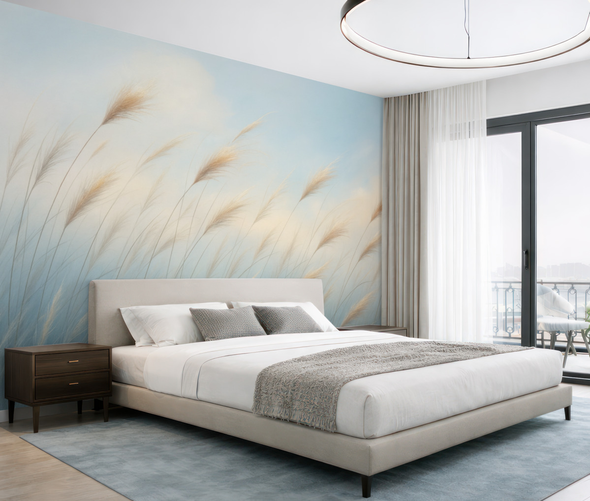 Fototapeta Subtelne trawy łąkowe na błękitnym tle.