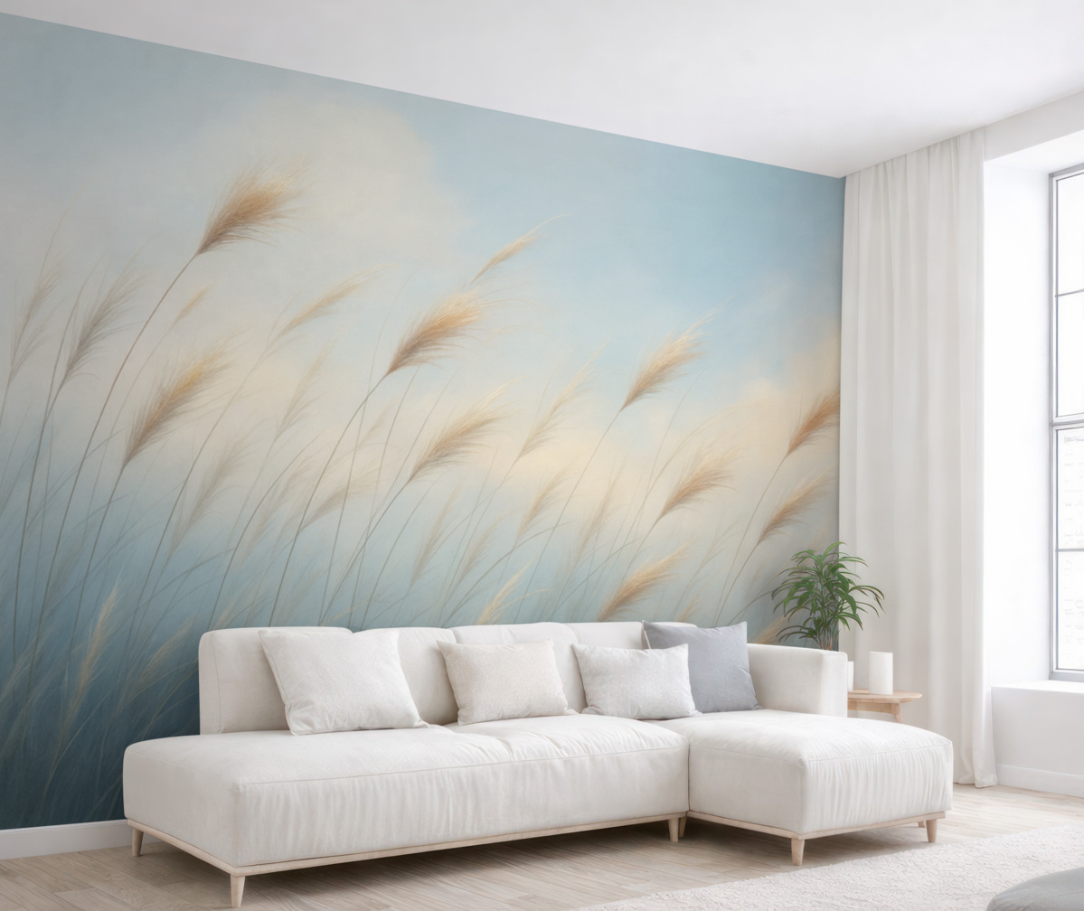 Fototapeta Subtelne trawy łąkowe na błękitnym tle.