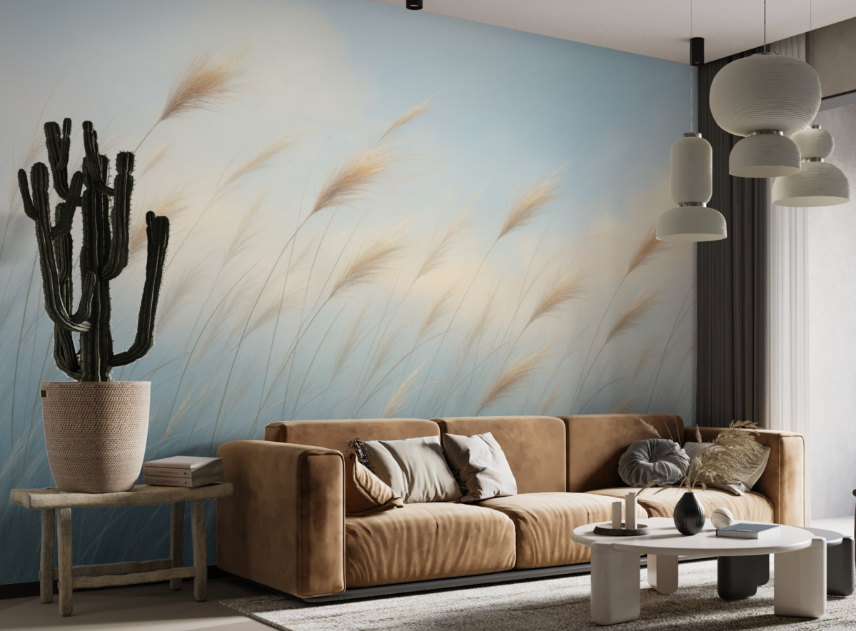 Fototapeta Subtelne trawy łąkowe na błękitnym tle.