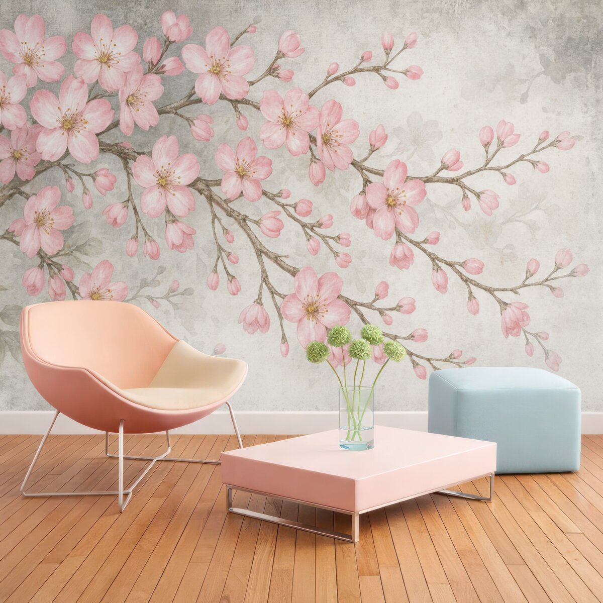 Fototapeta Kwitnąca gałązka na szarym tle.