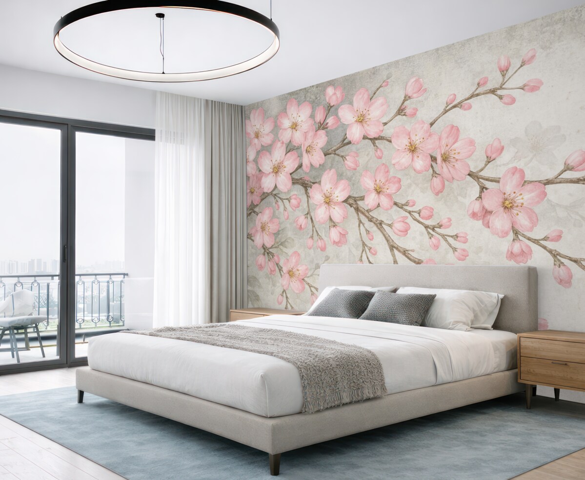 Fototapeta Kwitnąca gałązka na szarym tle.