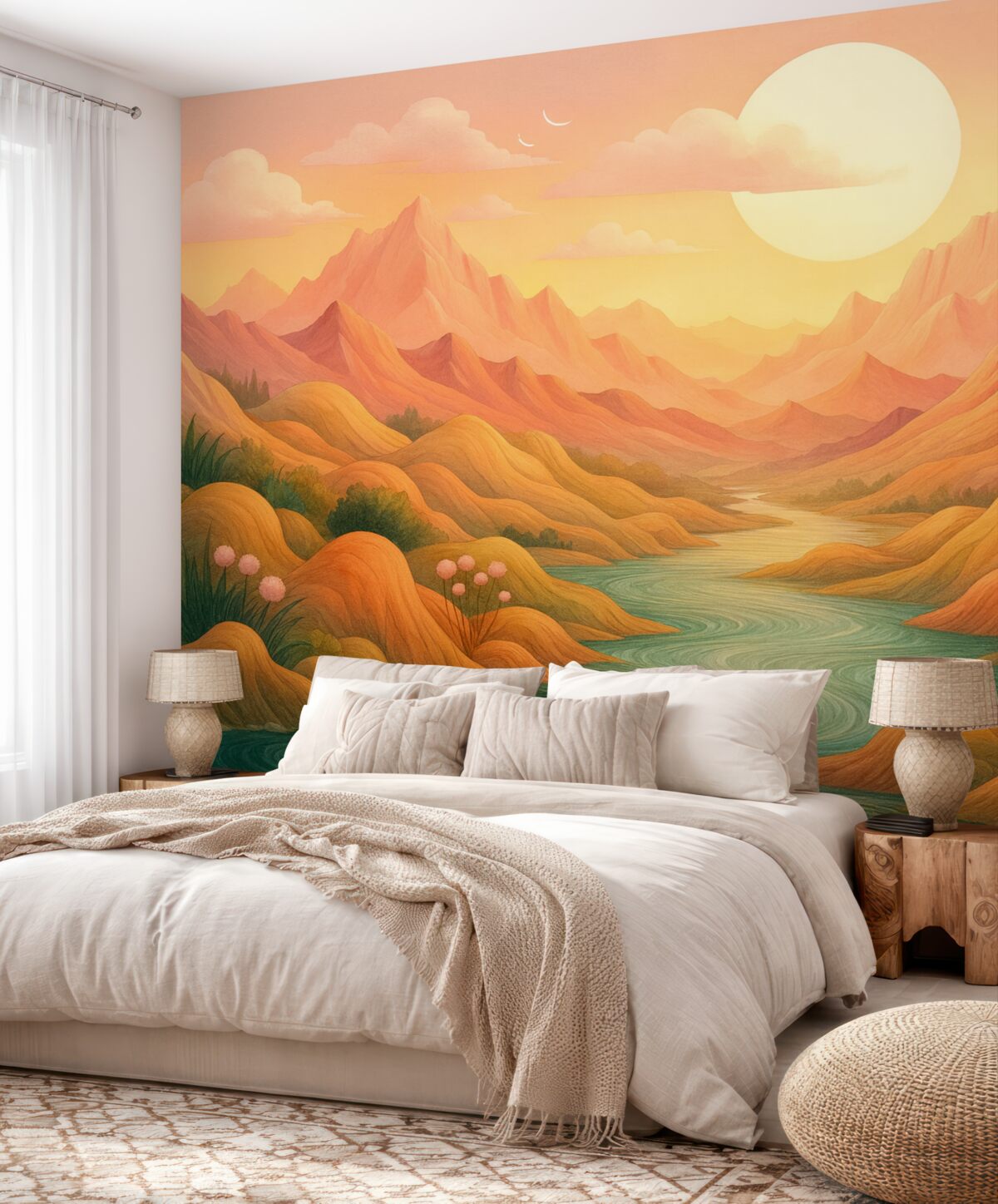 Fototapeta Znakomity, pastelowy pejzaż z subtelnie różowymi i brzoskwiniowymi wzgórzami.