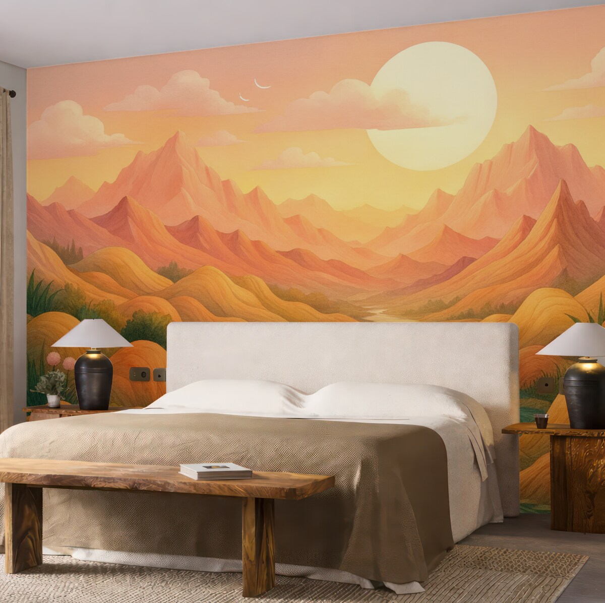 Fototapeta Znakomity, pastelowy pejzaż z subtelnie różowymi i brzoskwiniowymi wzgórzami.