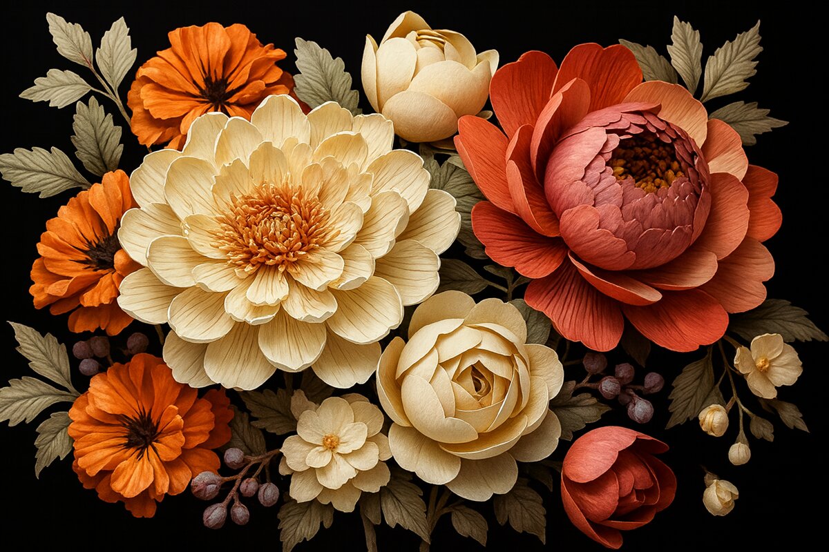 Fototapeta Wielkie kwiaty, piwonie, ciemna aranżacja, jasne kwiaty.