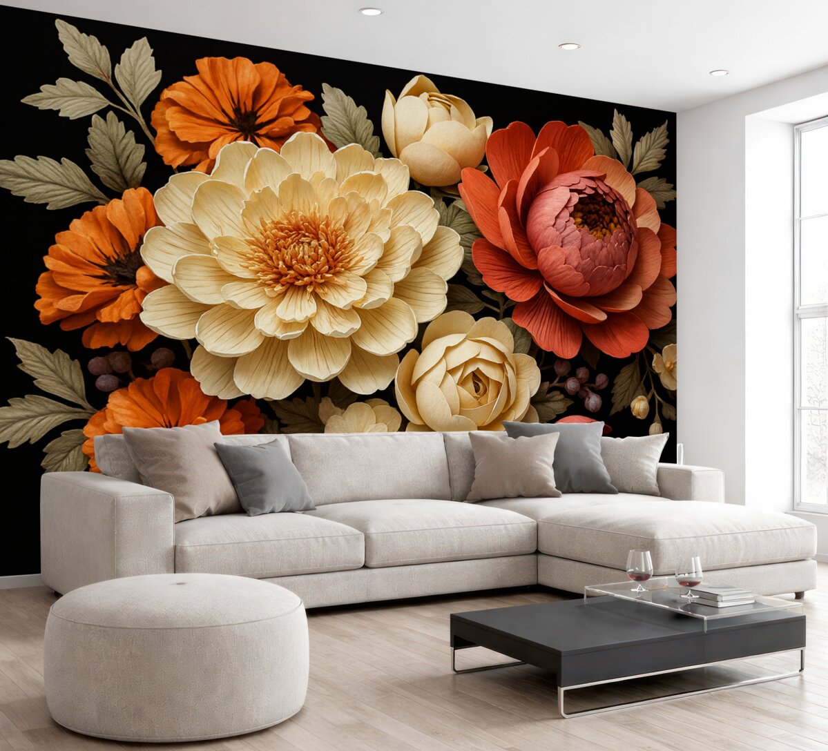 Fototapeta Wielkie kwiaty, piwonie, ciemna aranżacja, jasne kwiaty.