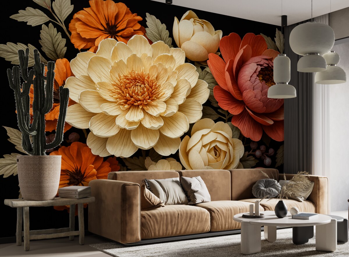 Fototapeta Wielkie kwiaty, piwonie, ciemna aranżacja, jasne kwiaty.