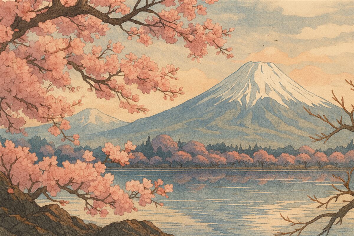 Fototapeta Kwiat wiśni, góry, malarstwo akwarelowe.