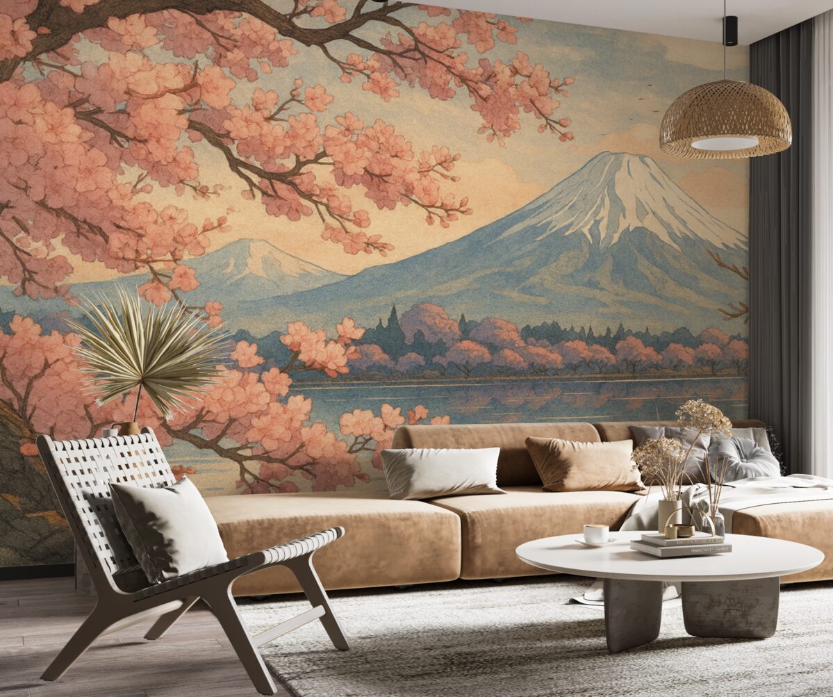 Fototapeta Kwiat wiśni, góry, malarstwo akwarelowe.