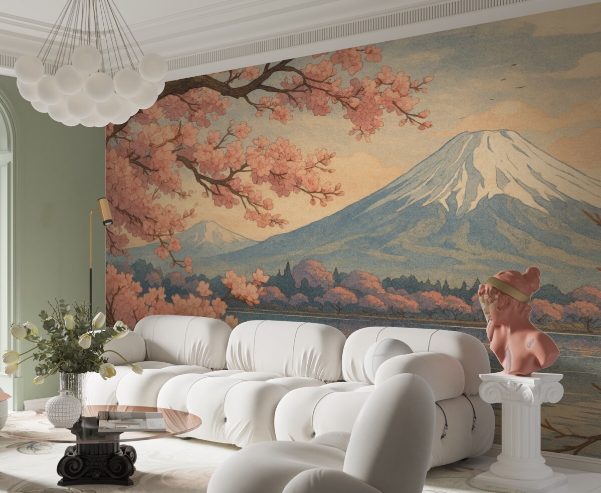 Fototapeta Kwiat wiśni, góry, malarstwo akwarelowe.