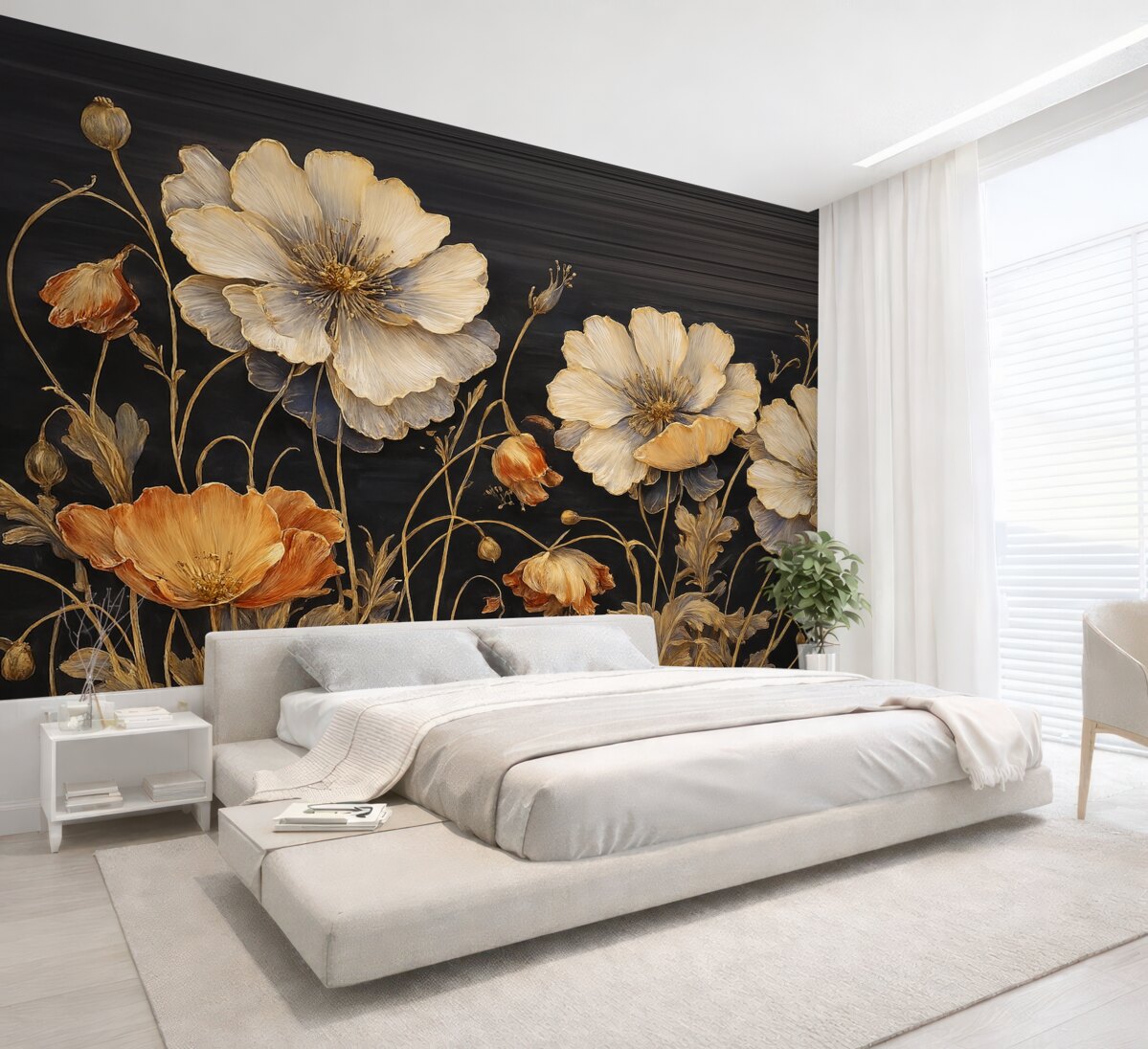 Fototapeta Ciemna scena, ogromne kwiaty, wysokie rośliny.