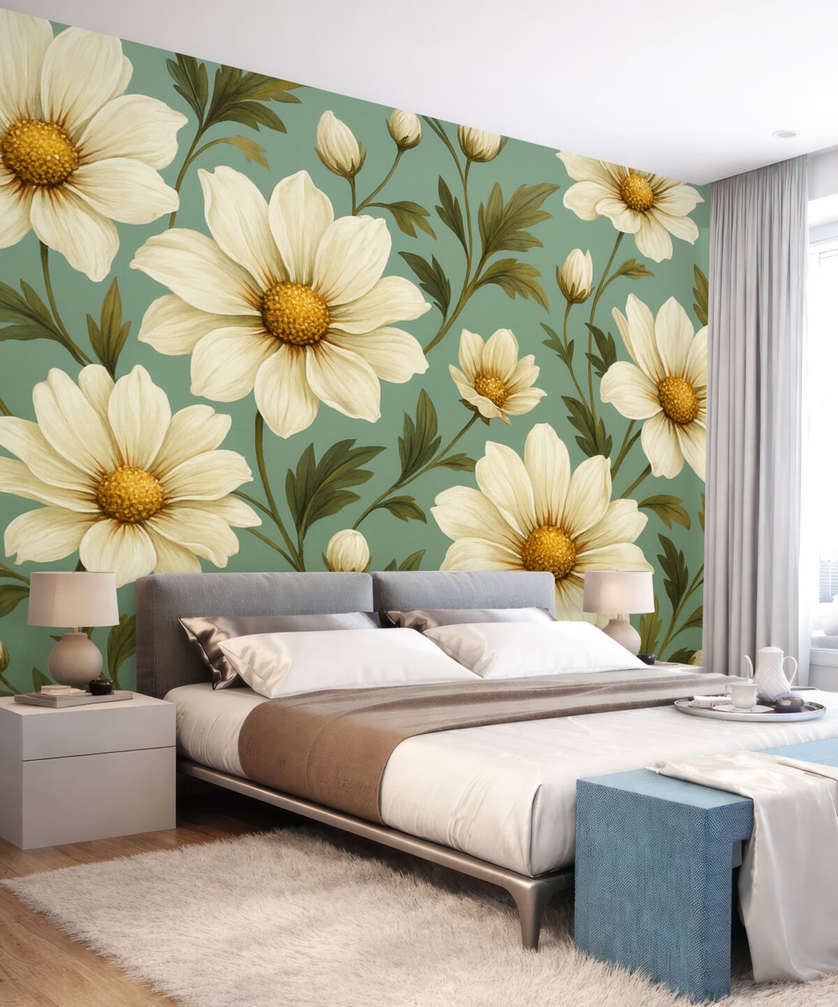 Fototapeta Wielkie stokrotki, błękitne tło.