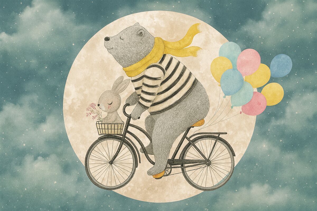 Fototapeta Tapeta dla maluchów, miś, królik, miś na rowerze, odb echoes.