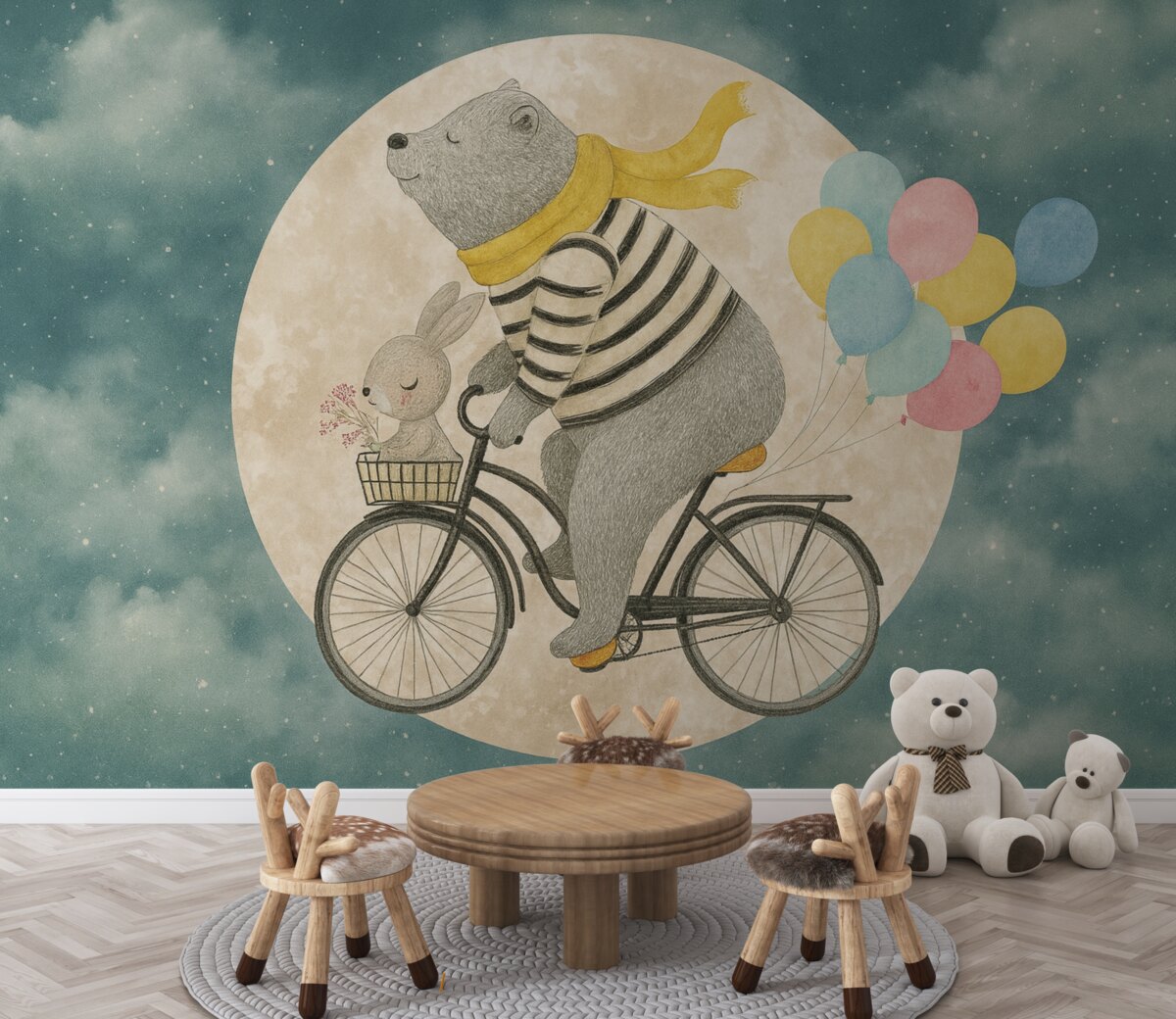 Fototapeta Tapeta dla maluchów, miś, królik, miś na rowerze, odb echoes.