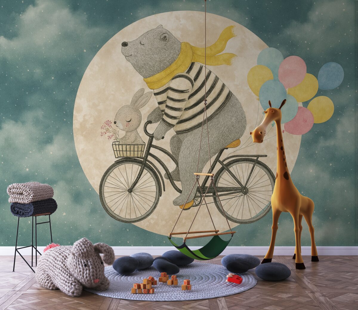 Fototapeta Tapeta dla maluchów, miś, królik, miś na rowerze, odb echoes.