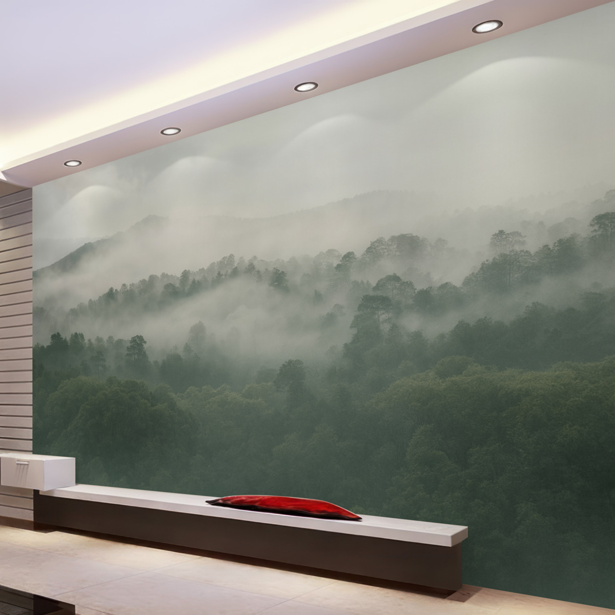 Fototapeta zielony zamglony las za oknem