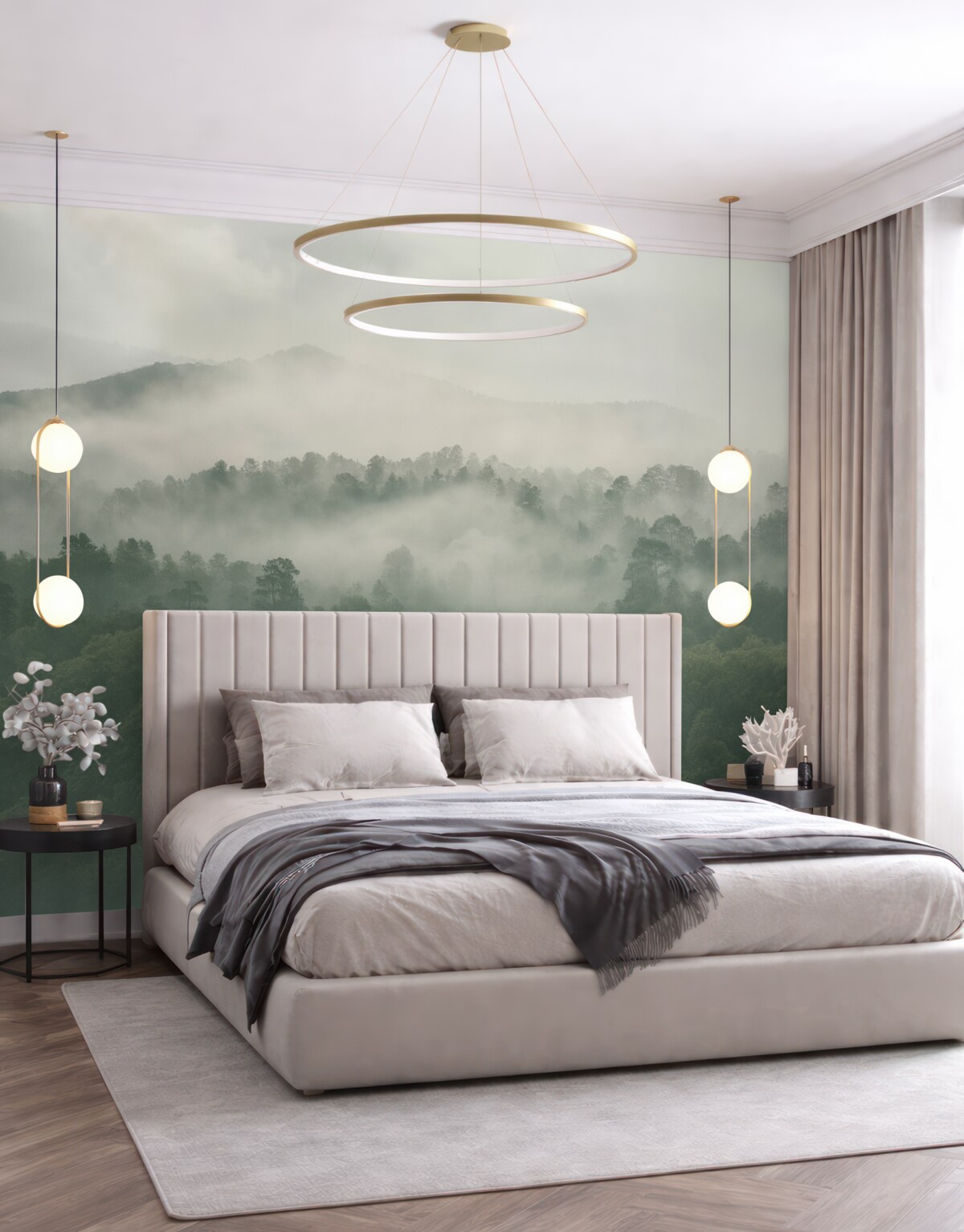 Fototapeta zielony zamglony las za oknem