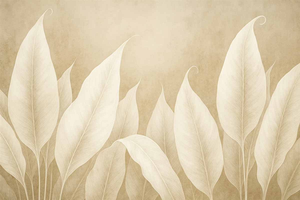 Fototapeta obszerne białe liście na beżowym tle