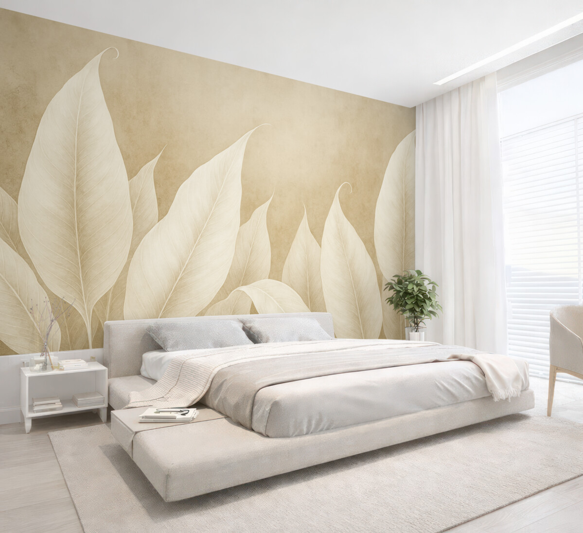 Fototapeta obszerne białe liście na beżowym tle