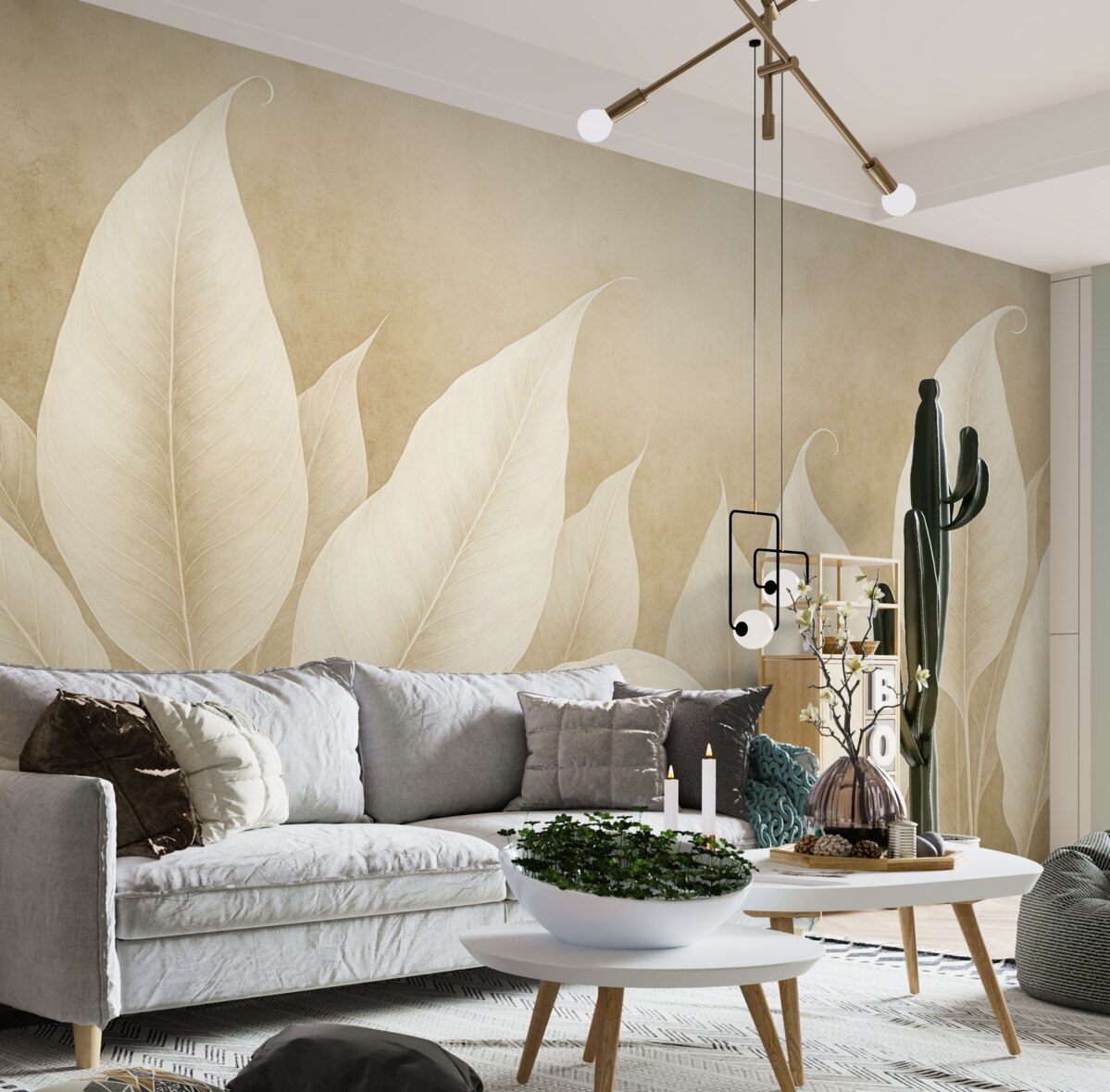 Fototapeta obszerne białe liście na beżowym tle