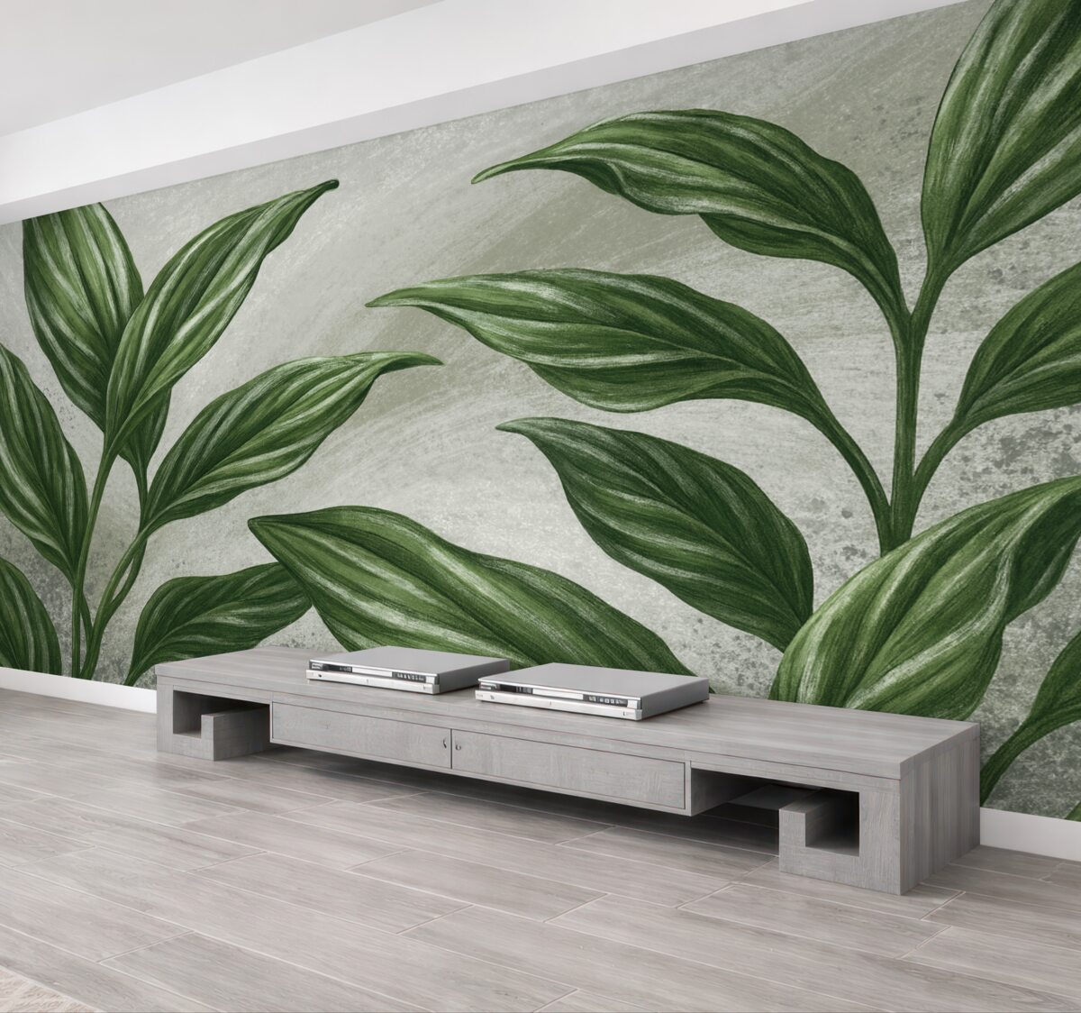 Fototapeta Tropikalne zielone liście na szarym tle.