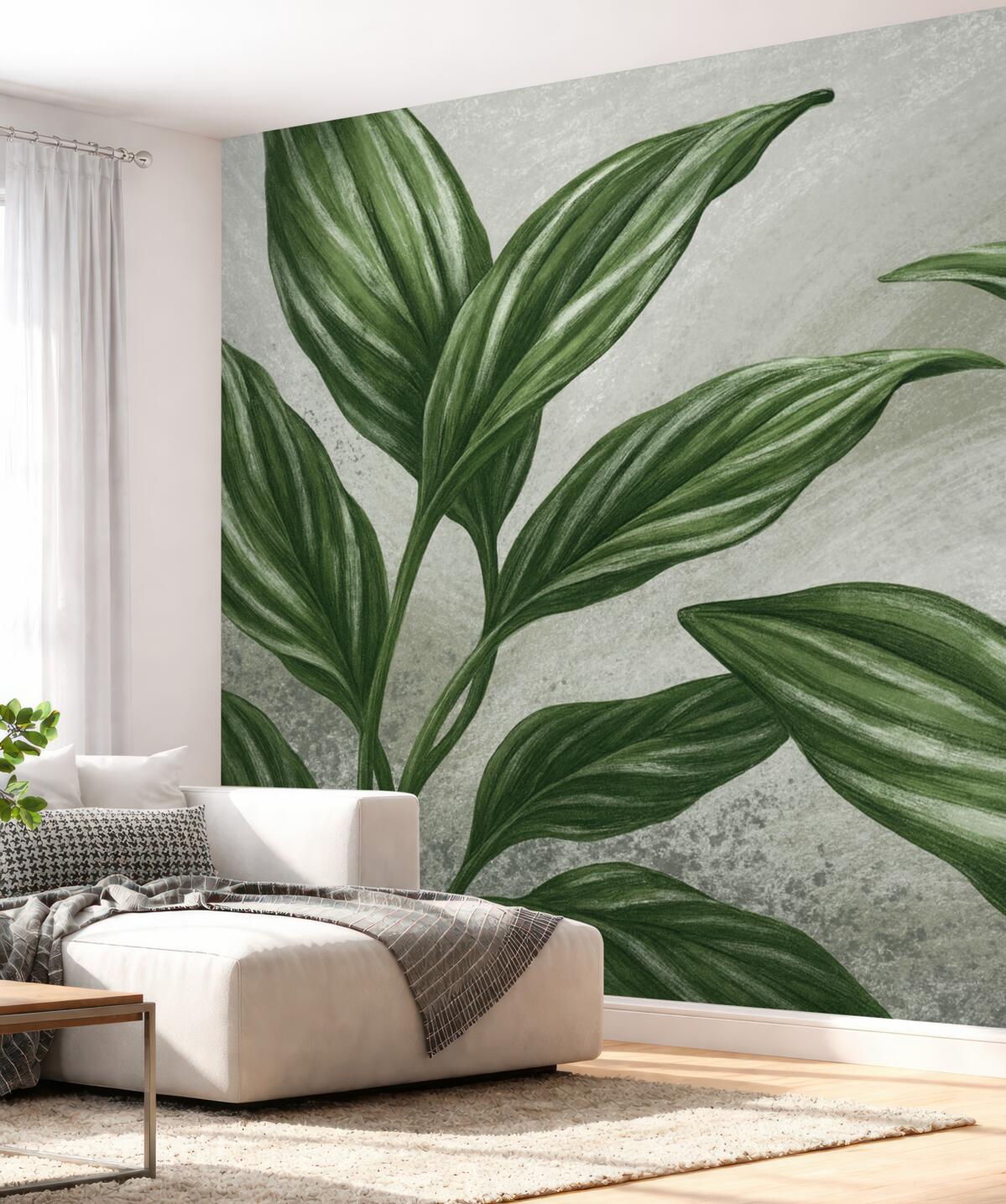 Fototapeta Tropikalne zielone liście na szarym tle.