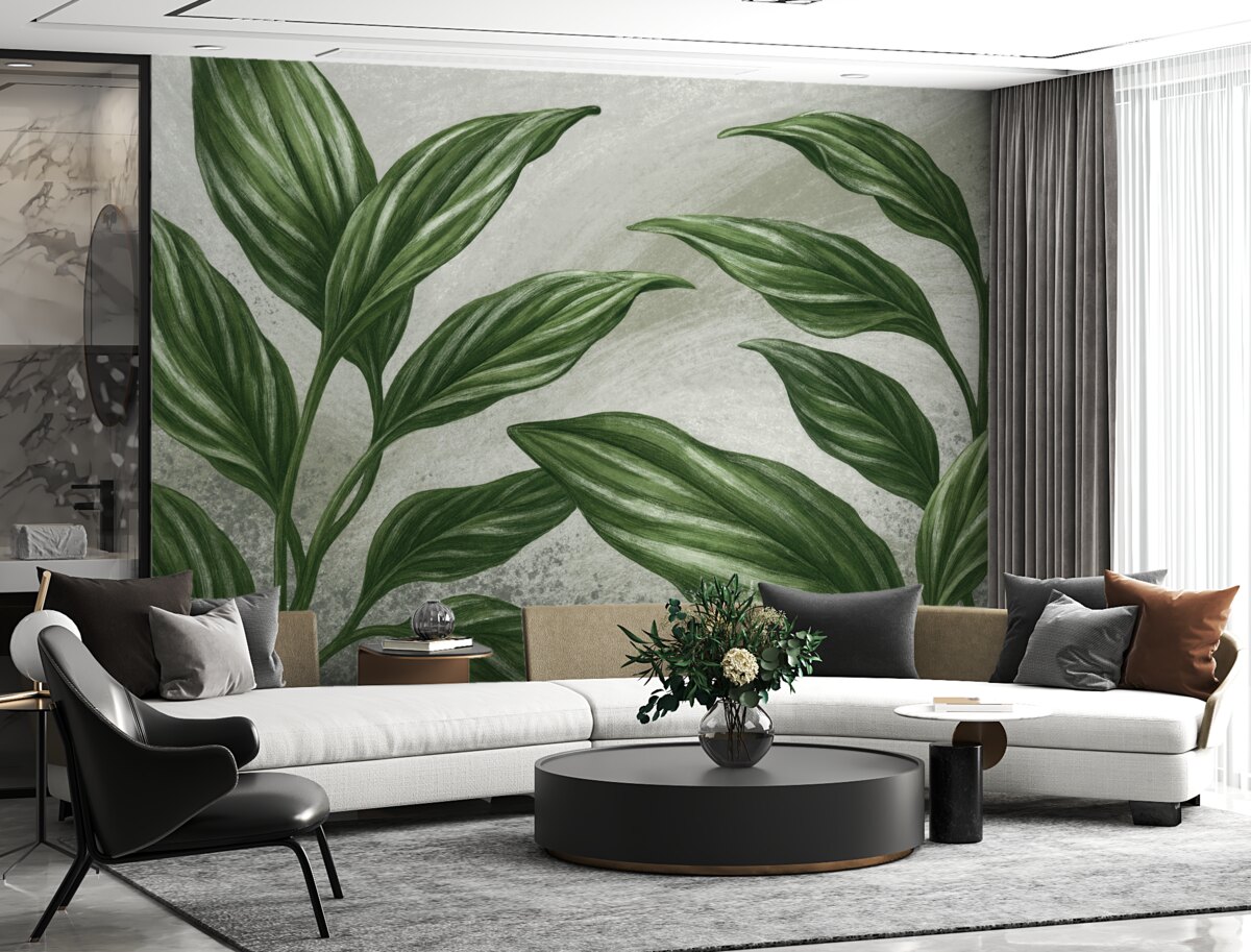 Fototapeta Tropikalne zielone liście na szarym tle.