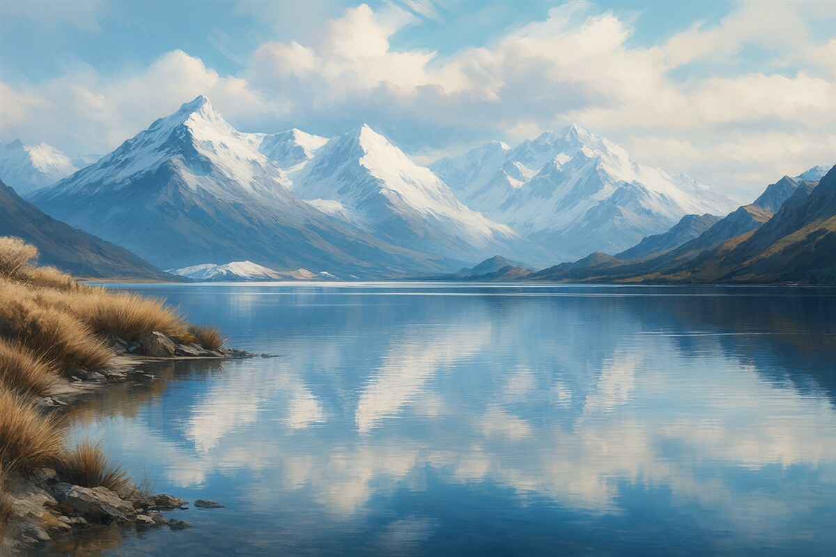 Fototapeta Widok gór i jeziora w zimowy poranek.