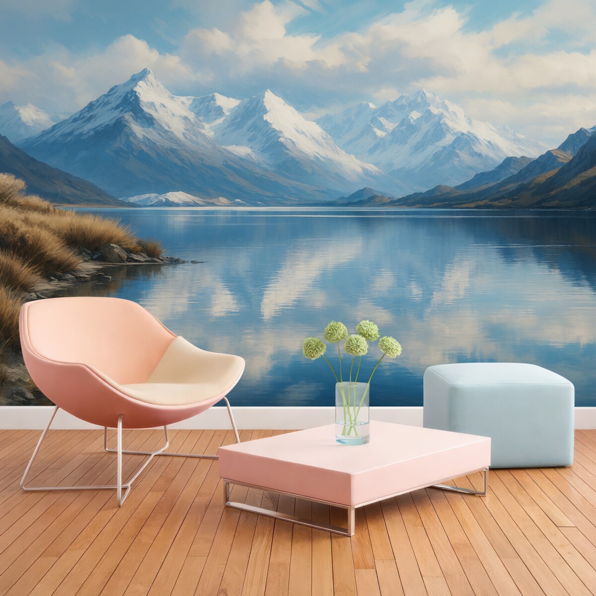 Fototapeta Widok gór i jeziora w zimowy poranek.