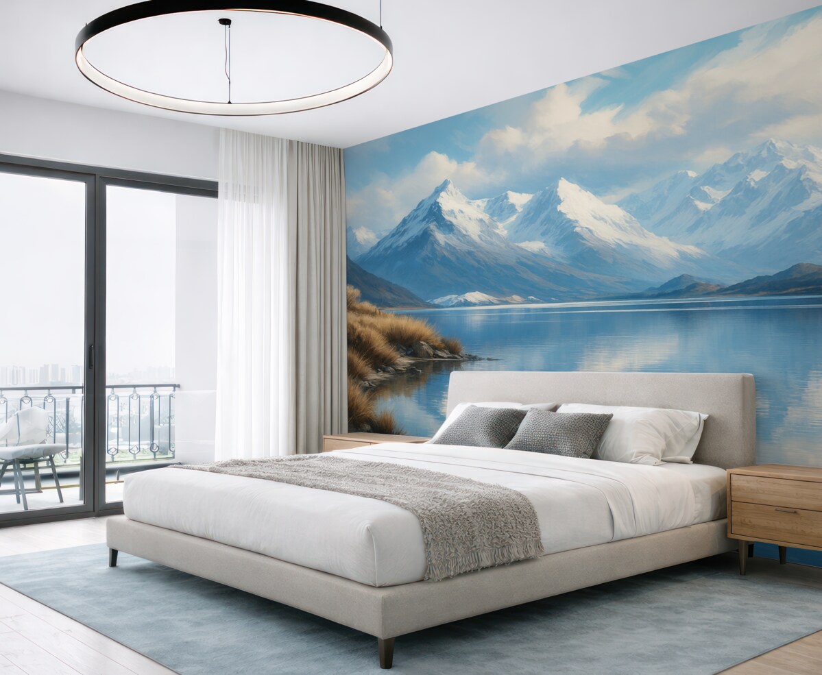 Fototapeta Widok gór i jeziora w zimowy poranek.