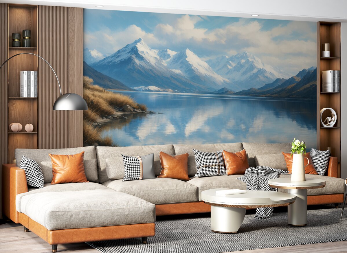 Fototapeta Widok gór i jeziora w zimowy poranek.