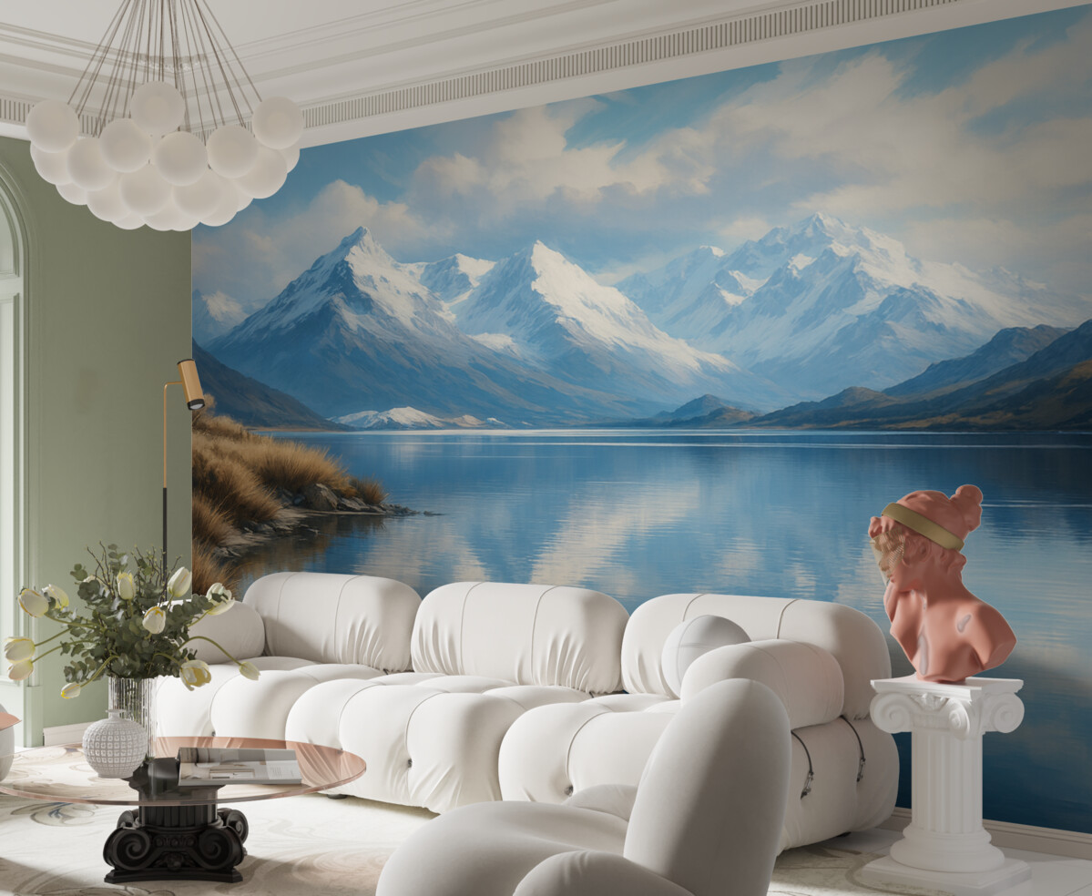 Fototapeta Widok gór i jeziora w zimowy poranek.