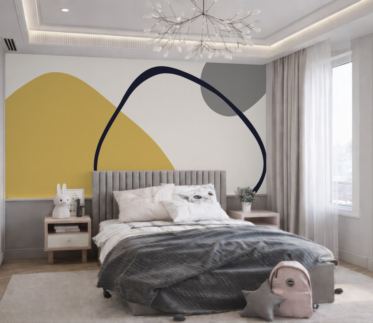 Fototapeta Geometryczne żółte i szare figury na jasnym tle.