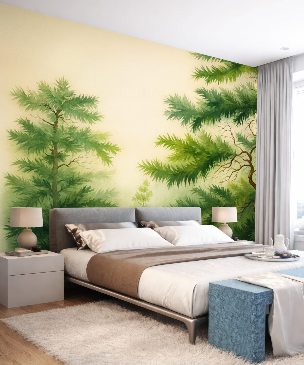 Fototapeta Sosny w lesie, akwarela o kolorze zielonym.