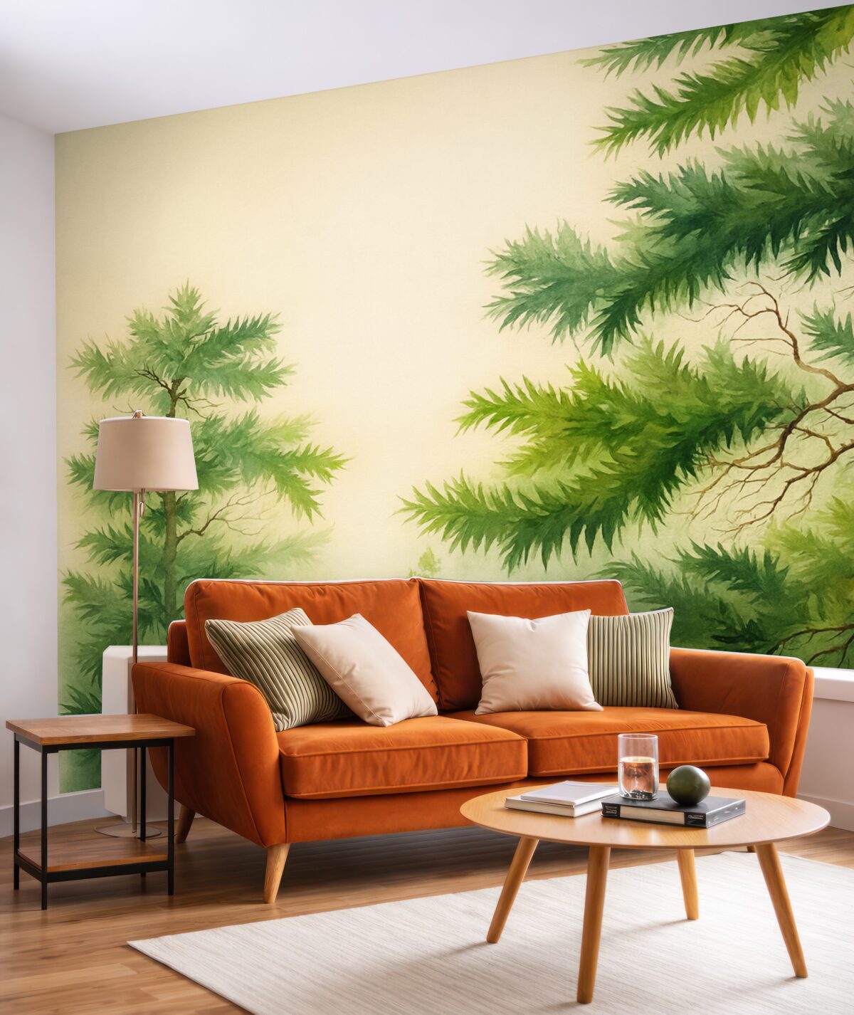 Fototapeta Sosny w lesie, akwarela o kolorze zielonym.