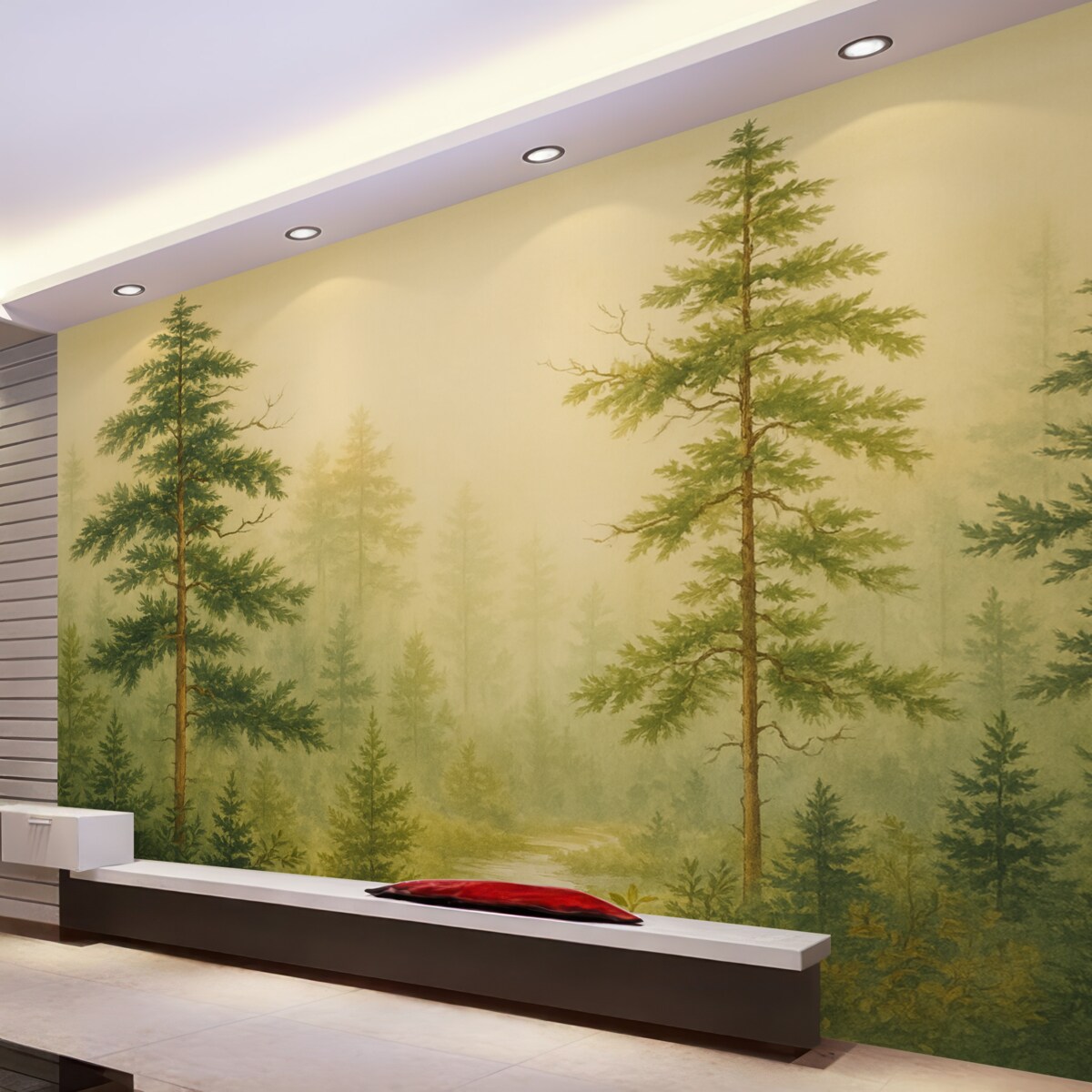 Fototapeta Akwarela sosnowego lasu, odcień zielony.